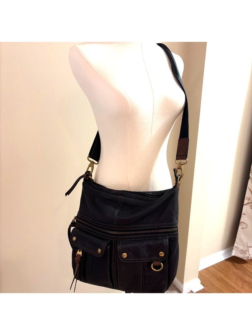 Fossil Morgan Traveler Crossbody Bag Messenger Black Pebbled Leather Vintage